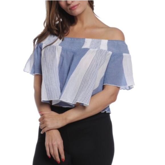 NWT Elan Blue & White Cropped Smocked Striped Off-Shoulder Top Size: Medium - Picture 3 of 15